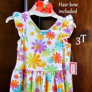 GIRL'S DRESS 3T TODDLER KIDGETS FLORAL RUFFLE SLEEVE CUTOUT BACK + HAIR BOW